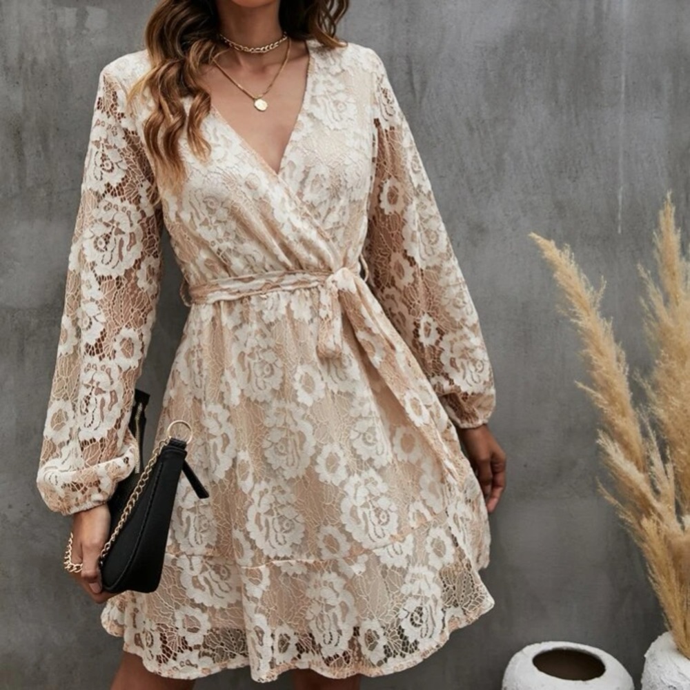 Luxe bishop sleeve belted lace dress